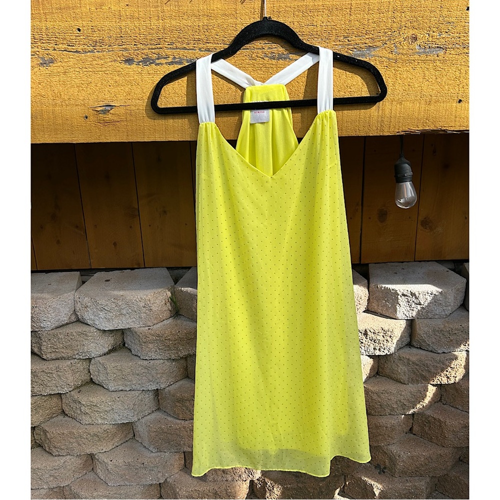 Sz L-Nymphe brand lined yellow dress w/gold dots & white straps